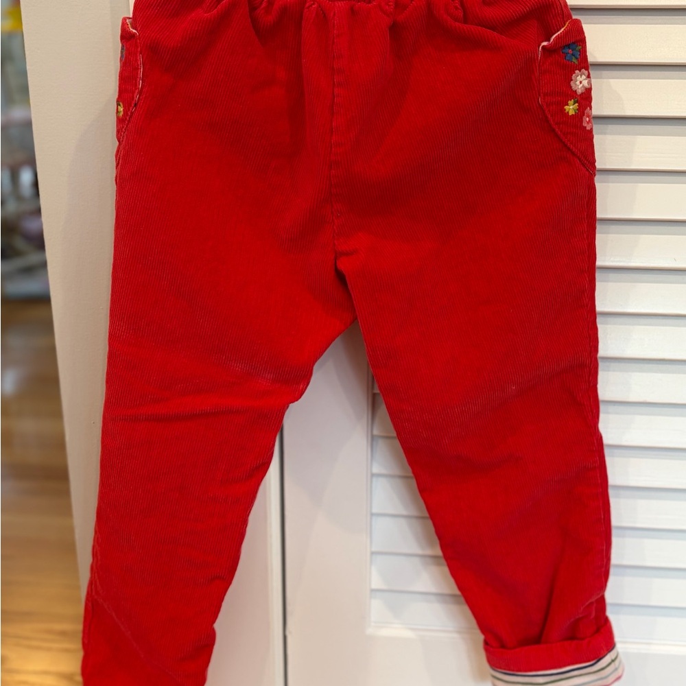 Mini Boden Bright Red Corduroy Kids Trousers with Embroidered Pockets